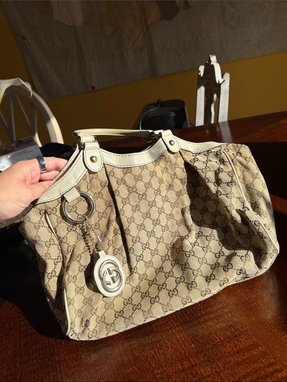 Gucci Beige GG Monogram Top-Handle Tote with Cream Trim
